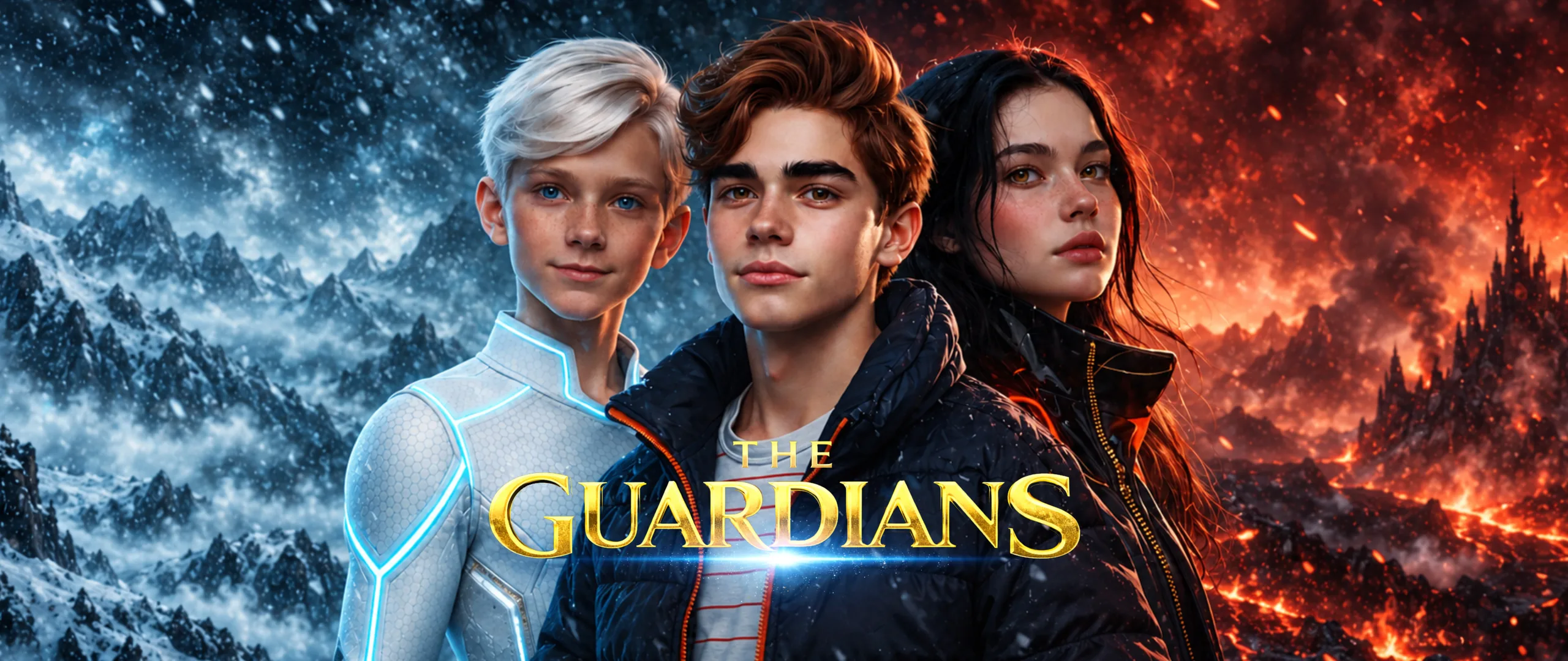 The three guardians, between a sky of blue snow and a sky of red fire, with the title The Guardians.